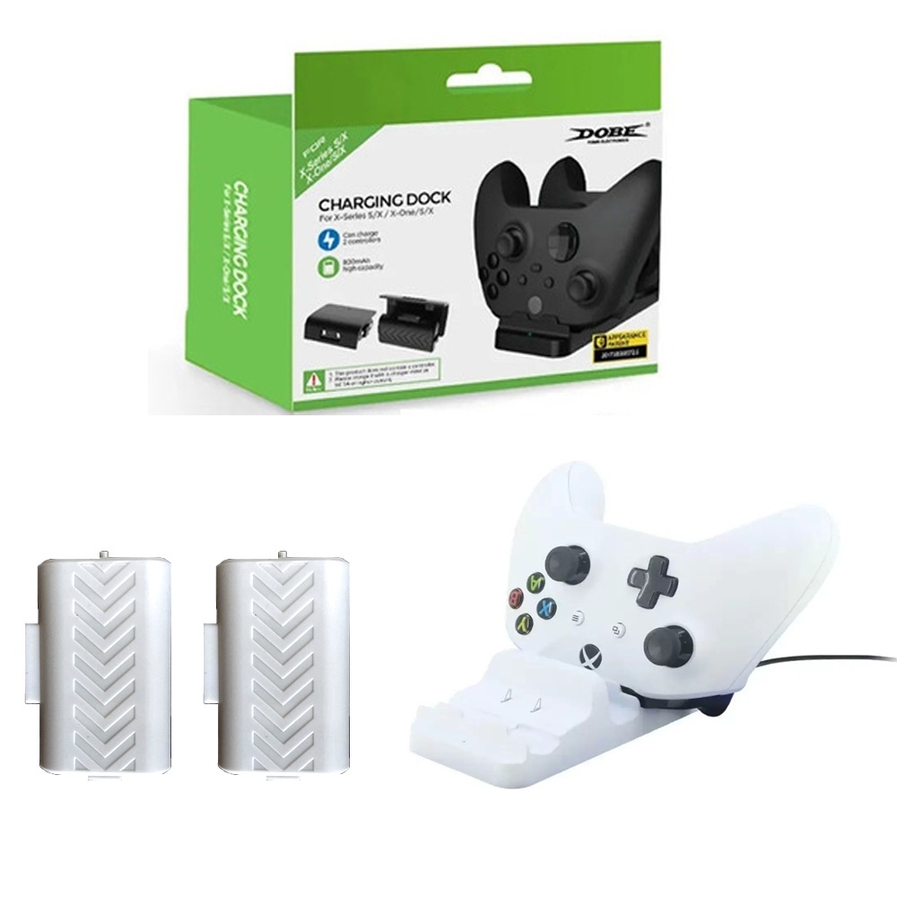 Dock Carregador Duplo Controle Compatível com Xbox One Series S/X + 2 Baterias Branca + 4 tampas
