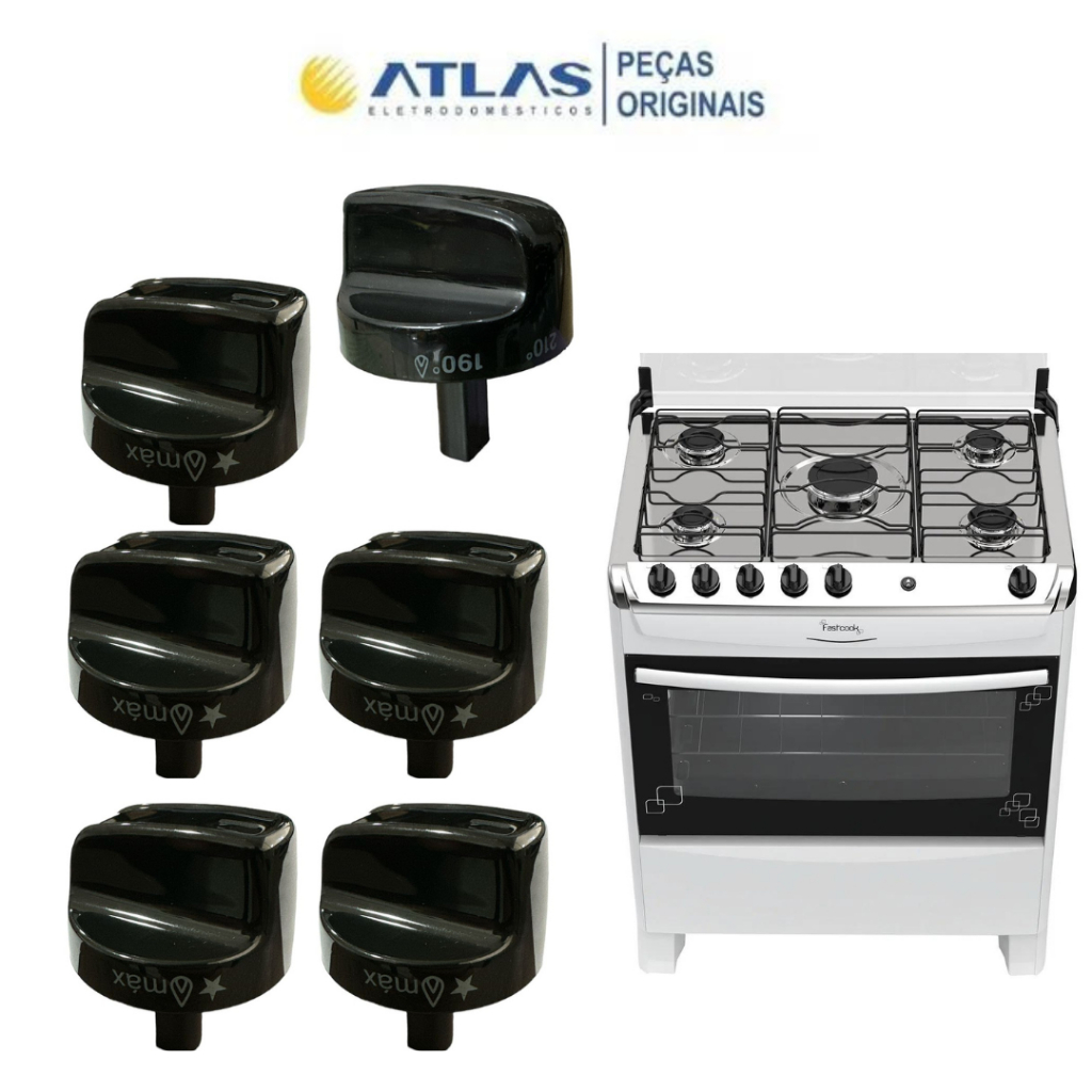 Kit 6 Botões Manípulos Fogão Atlas Fastcook 5bc 100% Original