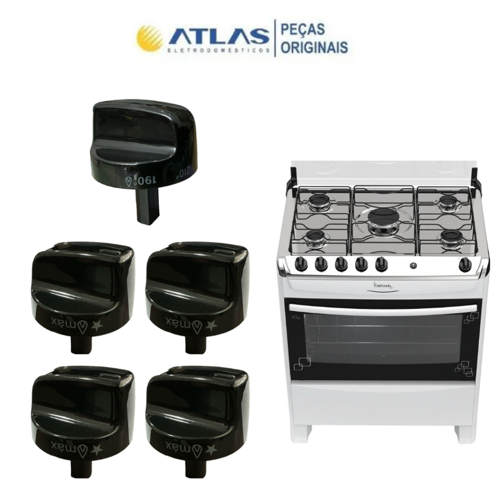 Kit 5 Botões Manípulos Fogã Atlas new Fastcook 4 Bc 100% Original
