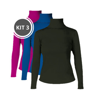 KIT 3: Blusa Cacharrel Feminina Gola Alta de Manga Longa - Cacharrel Lisa