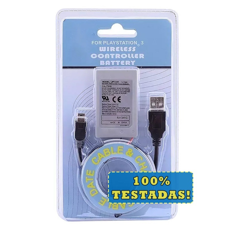 Kit Bateria 1800mAh para Controle Joystick Manete PS3 com Cabo Carregador USB PlayStation 3