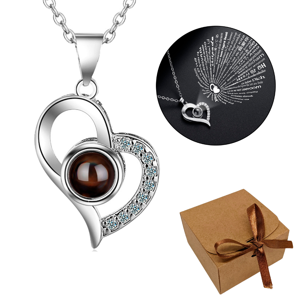 Colar Feminino De Coração Tortinho Eu Te Amo Em 100 Idiomas Declaração De Amor Prata Com Caixinha em Oferta na Shopee