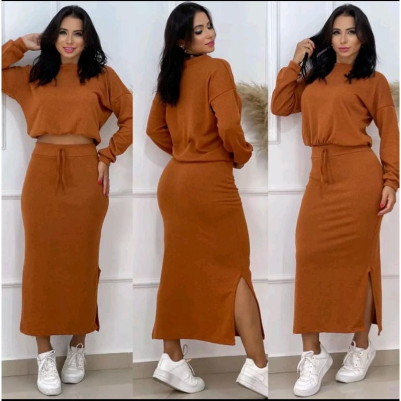 Conjunto Feminino de OUTONO & INVERNO Blusa Cropped e Saia Midi lanzinha