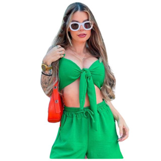 Conjunto Cropped e Short Com bolsos Tecido duna moda verão Tendencia