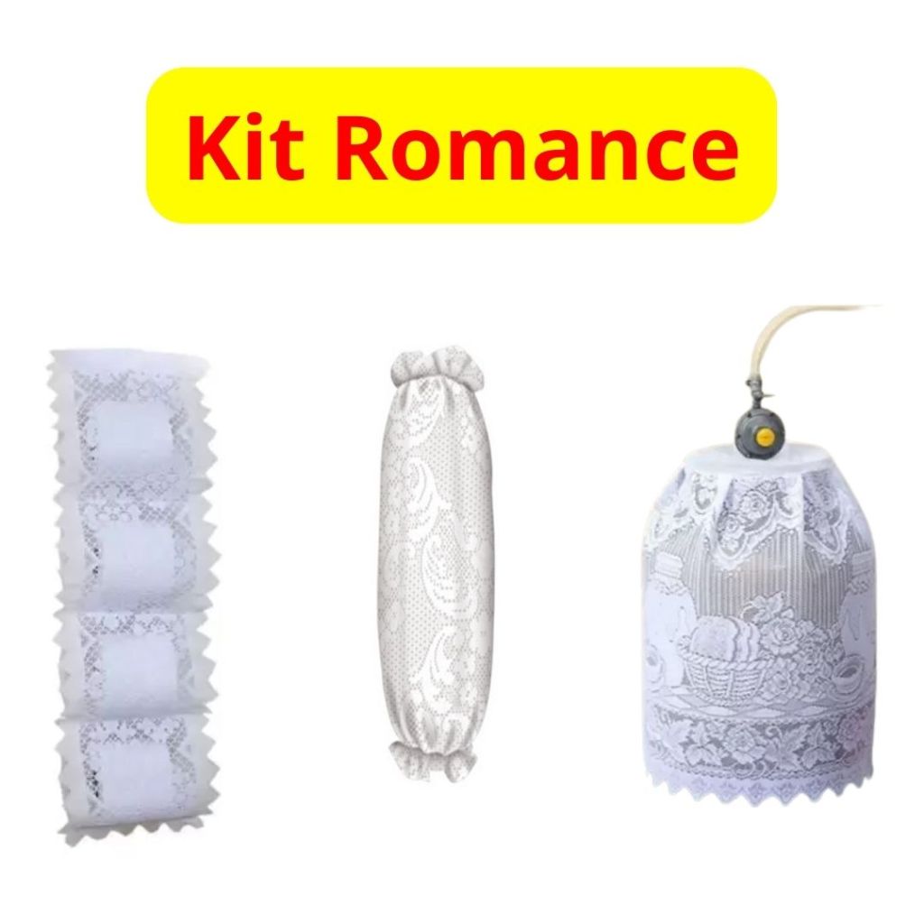 KIT Puxa Saco 43x48 Capa Para Botijão De Gás 47x1,12 E Suporte Para Papel Higienico De Renda 84x18 3 Iténs