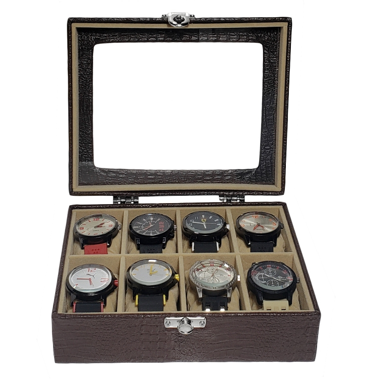 Caixa Maleta Estojo Para 8 Relógios Com Vidro Marrom Com Interno Aveludado Bege