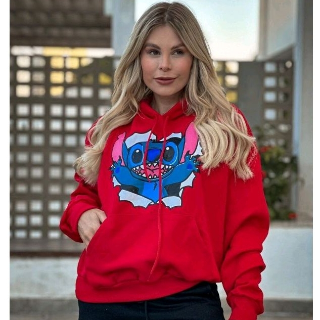 Blusa Moletom Canguru Lilo Stitch Desenho Feminino Capuz Com Bolso Anime