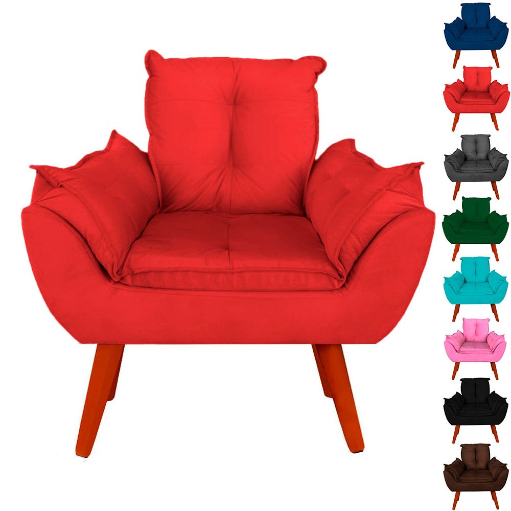 Poltrona Cadeira Opala luxo Suede Vermelho Pés Palito