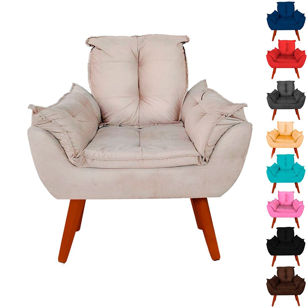 Poltrona Cadeira Opala Suede Varias Cores Pés Palito Envernizado Castanho