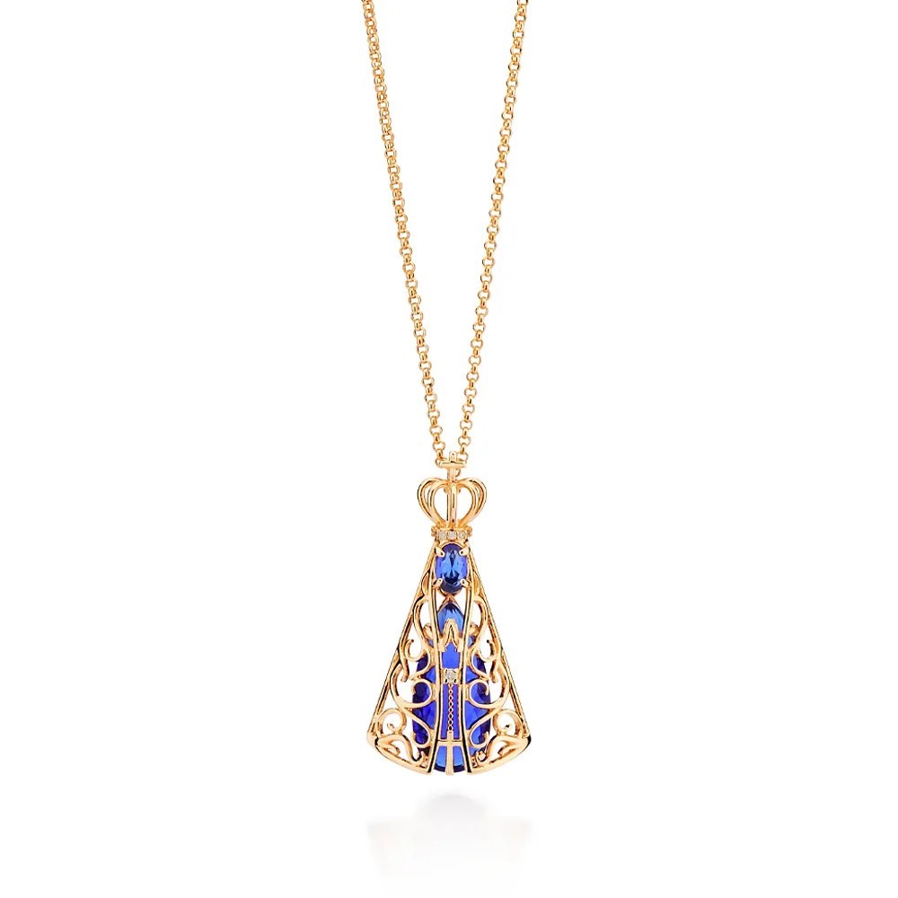 Colar De Ouro 18k Feminino Elo Português Com Pingente Nossa Senhora Aparecida Cravejado Pedra Cristal Azul E Zircônias Rommanel 50 Cm 45 Cm 532517