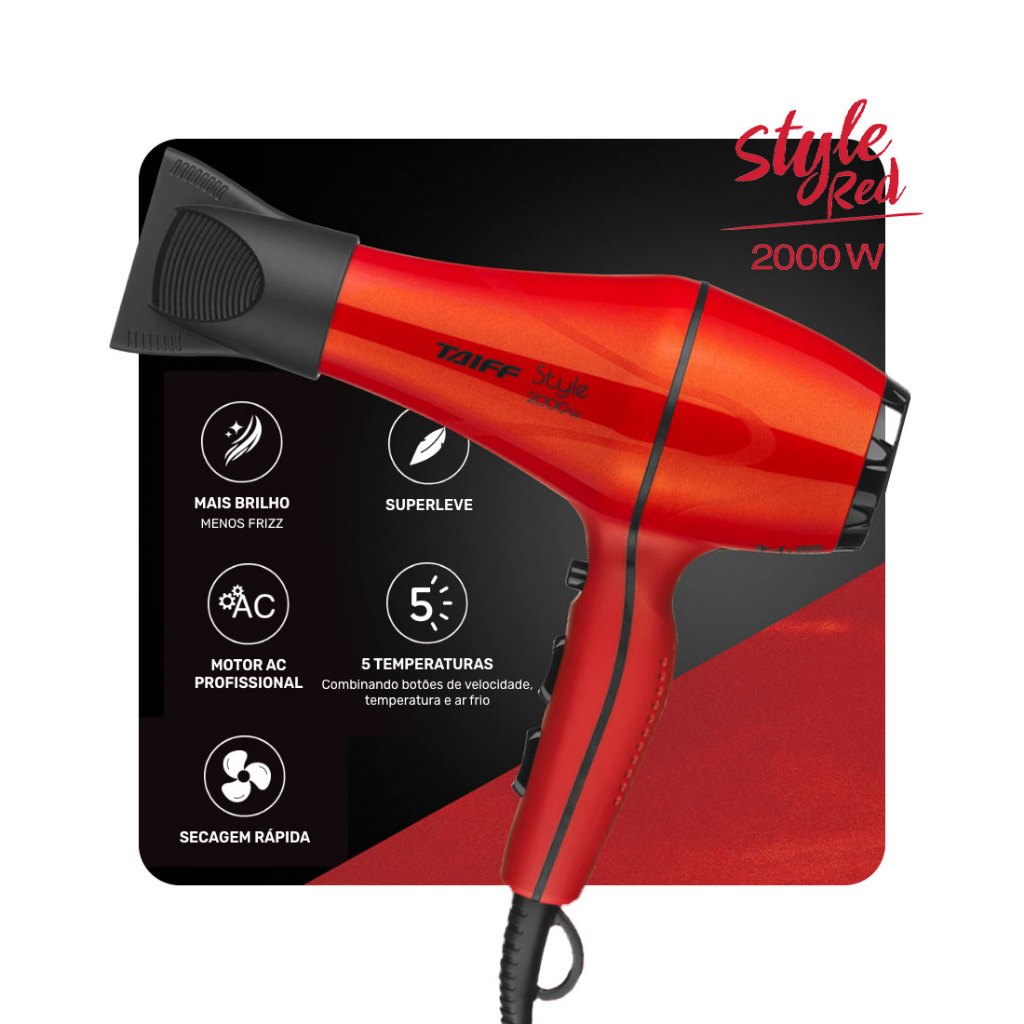 Secador de Cabelo Taiff Style Red 2000W - 5 temperaturas - Motor AC Profissional 110v ou 220v