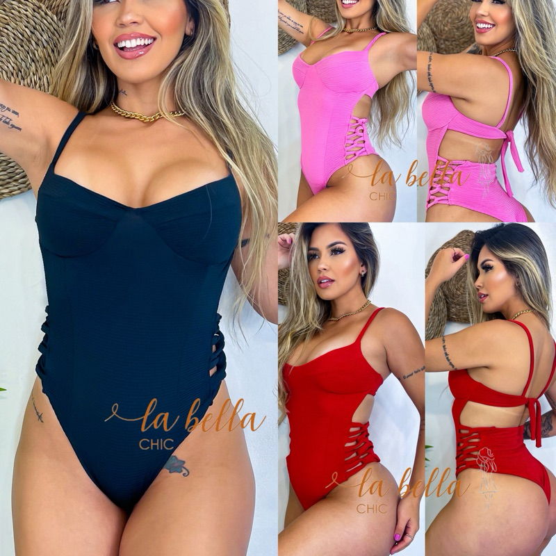 Body Maiô Cruzado Lateral Trançado Cavado Hot Pants Decotado Argola Biquíni Hot Pants Alça Corte Meia Taça