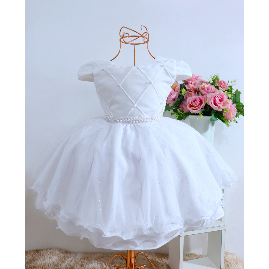 Vestido Branco Infantil Batizado Daminha Primeira Comunhão Casual Luxo de Festa