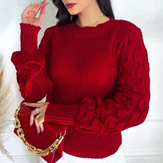 Blusa Feminina De Tricot Manga Longa Colmeia Onda Tricô Inverno Suéter Trico em Oferta na Shopee