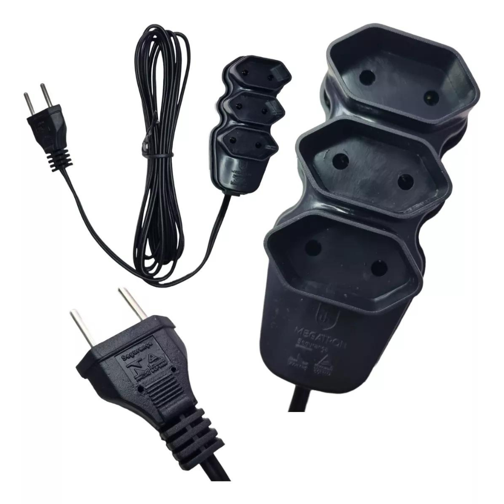 Extensão Elétrica 2 Pinos Simples Com 3 Tomadas 10a Fio 2 Metros Não Pega Fogo