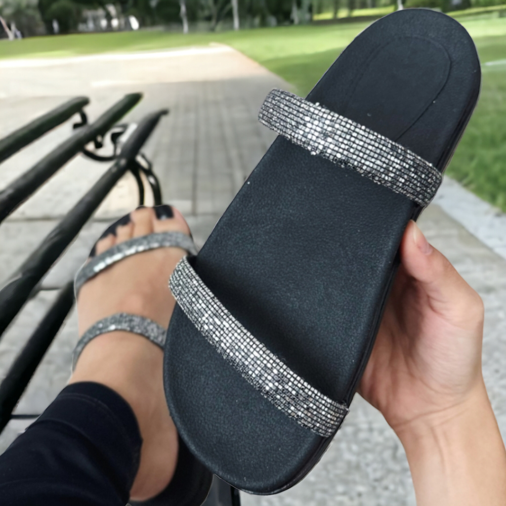 Sandália Papete Birken Feminina 2 Tiras Com Brilho Glitter Chinelo Rasteirinha Tendência Luxo Macia