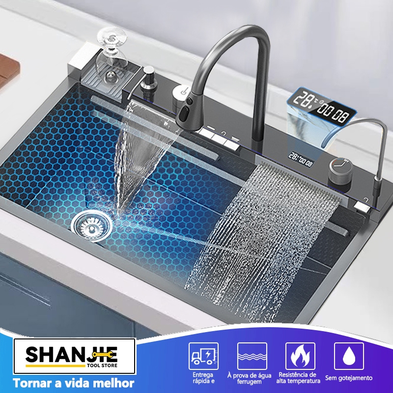 Kit Cuba Dupla Gourmet Aço Inox com acessórios75x45cm Mostra a temperatura da água+ Torneira Gourmet Monocomando