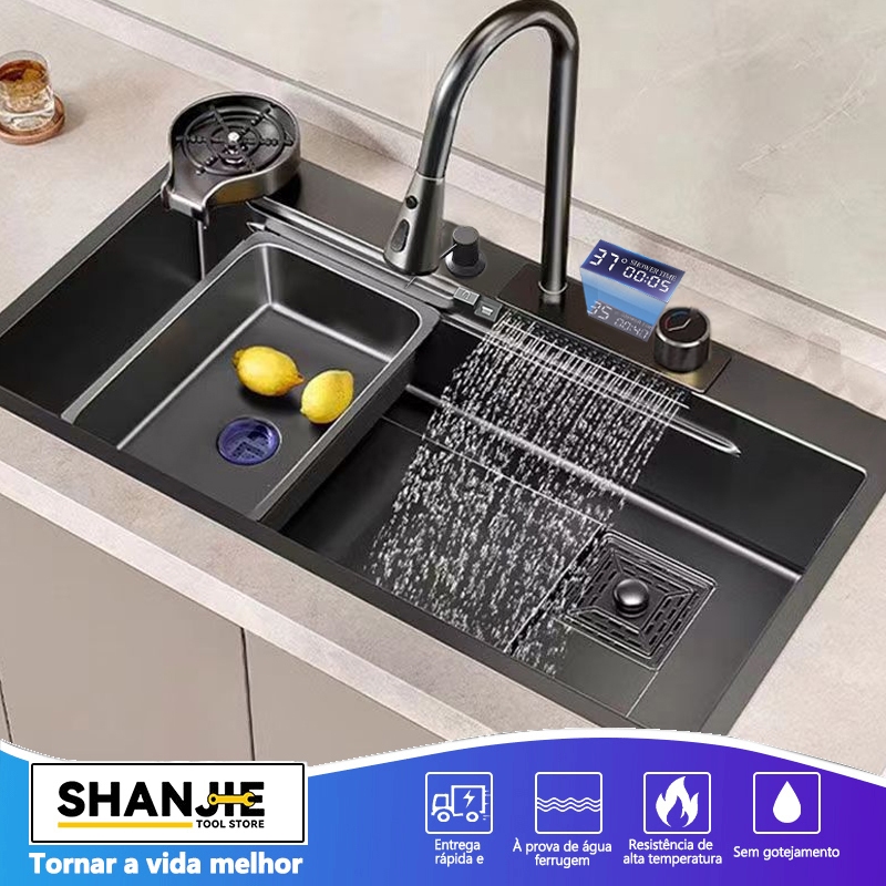 Kit Cuba Dupla Gourmet 304 Aço Inox com acessórios75x43cm + Torneira Gourmet Monocomando Mostrar temperatura da água envio imediato