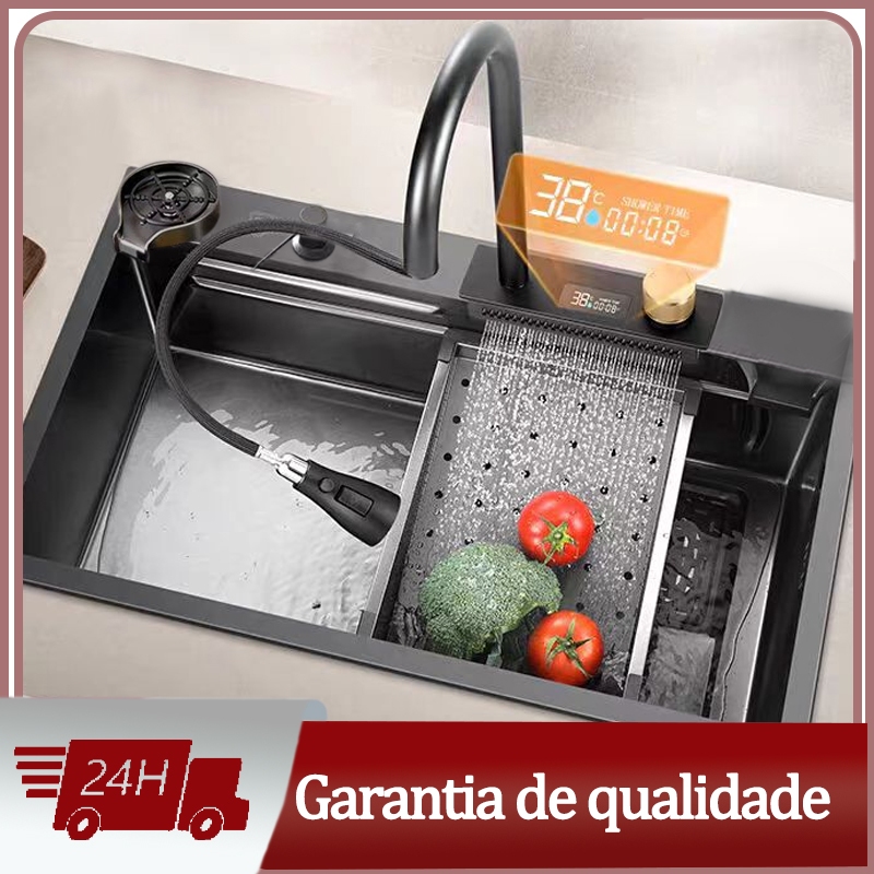 304 pia de cozinha de aço inoxidável Mostrar temperatura da águacombinada com torneira preto 75cm- envio imediato