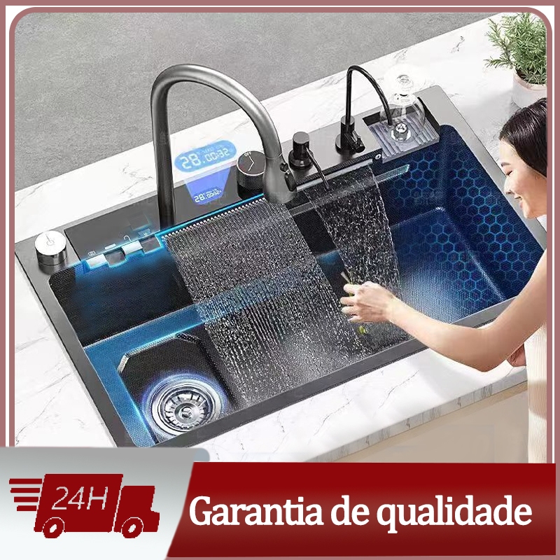 Kit Cuba Dupla Gourmet Aço Inox com acessórios78x43cm + Torneira Gourmet Monocomando Sink mostra a temperatura