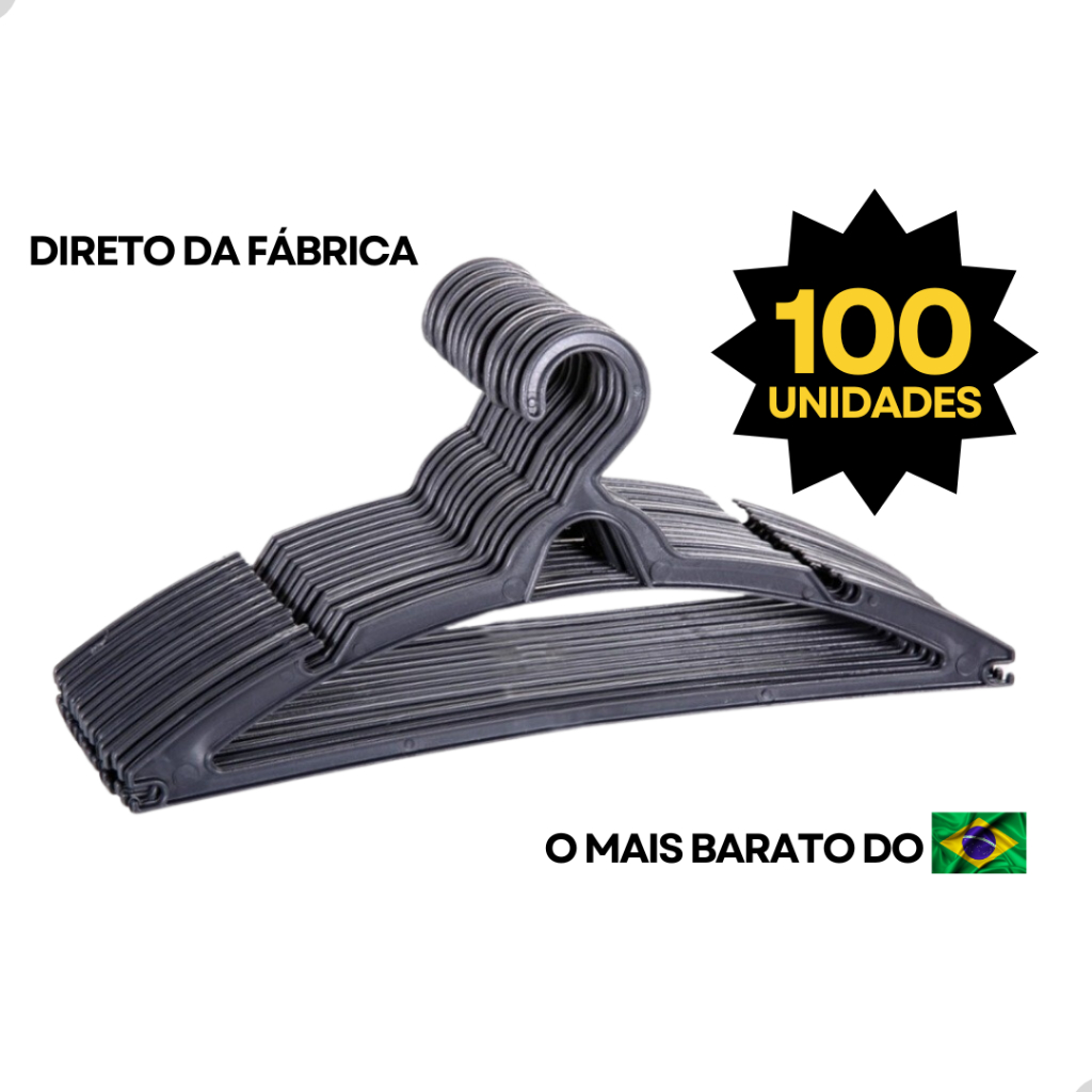 Cabide Adulto Preto kit 100 Cabides Reforçado Organizar Roupas
