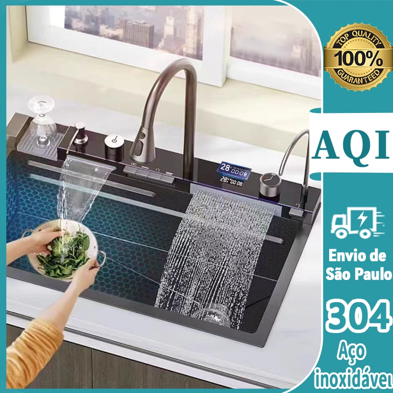 Cuba Cozinha Gourmet Cascata Torneira Lavador Copos Prata Mostrar temperatura da água 75cm- envio imediato