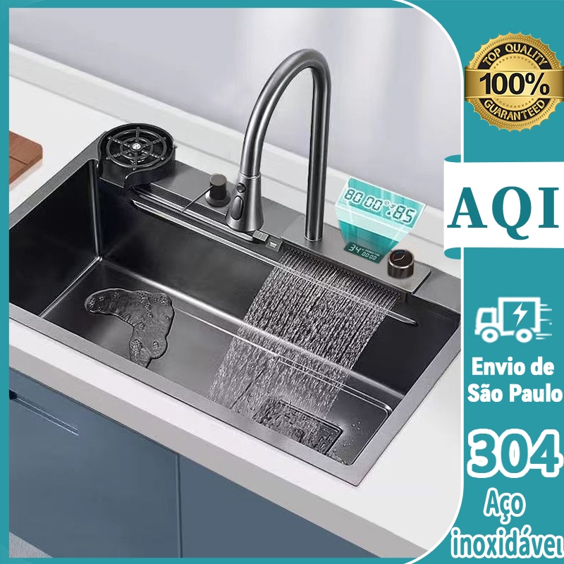 Kit Cuba Cozinha Gourmet Aço Inox C/ Torneira Flexível Preta Flying rain cachoeira mostra temperatura da água