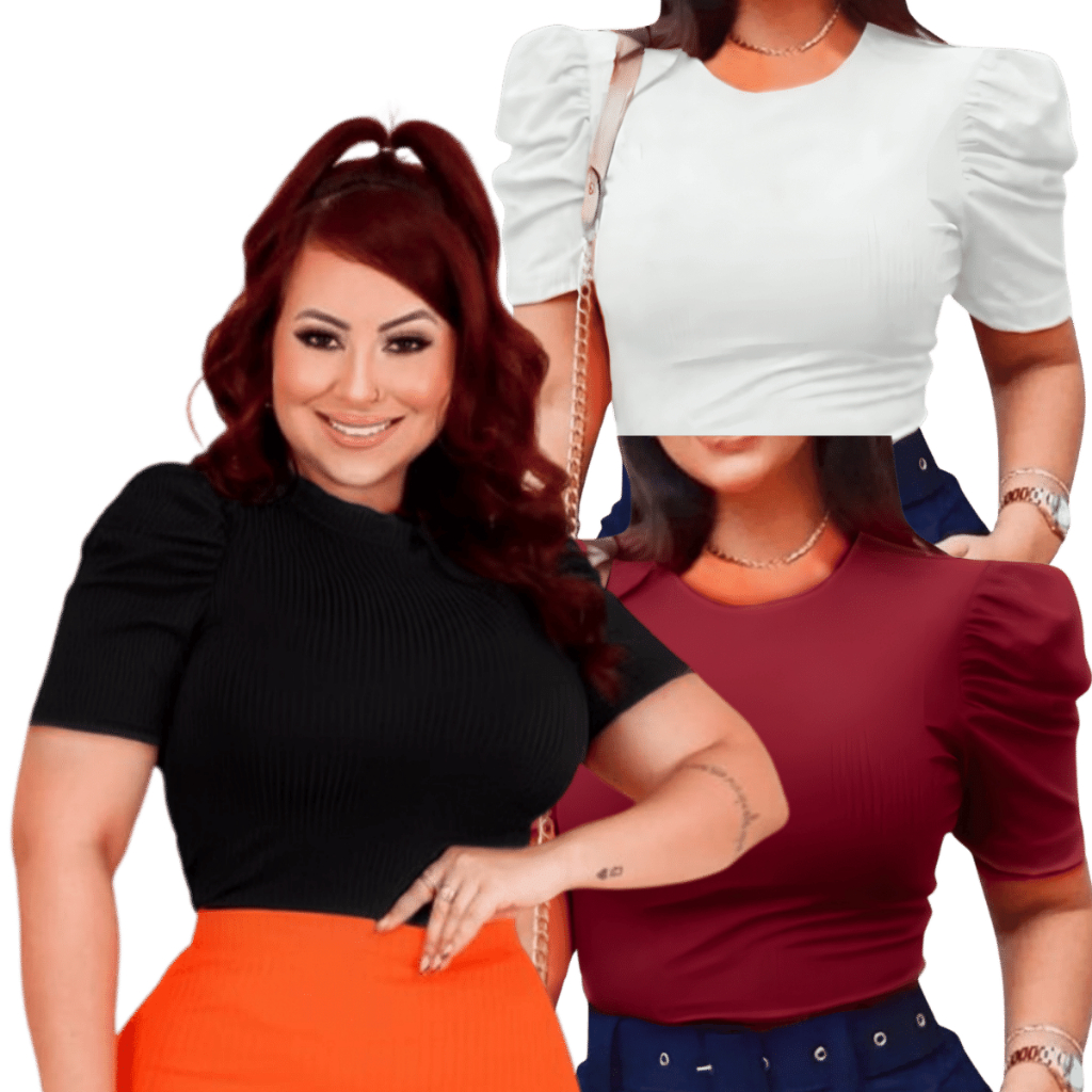 Kit 3 Blusa Feminina Manga Bufante Curta Princesa Top Social Elegante Moda Evangelica Malha Canelada Casual