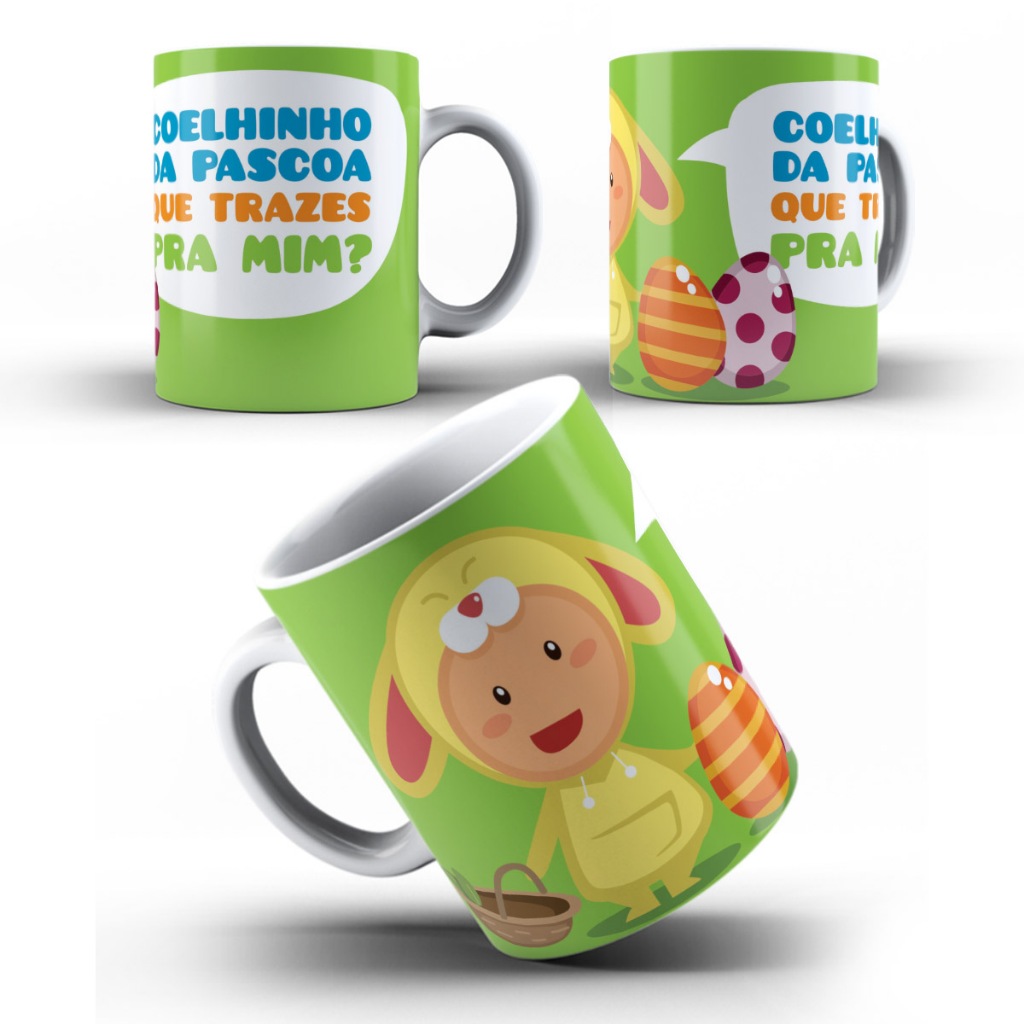 Caneca Coelhinho da Páscoa O Que Trazes Pra Mim Porcela Polímero