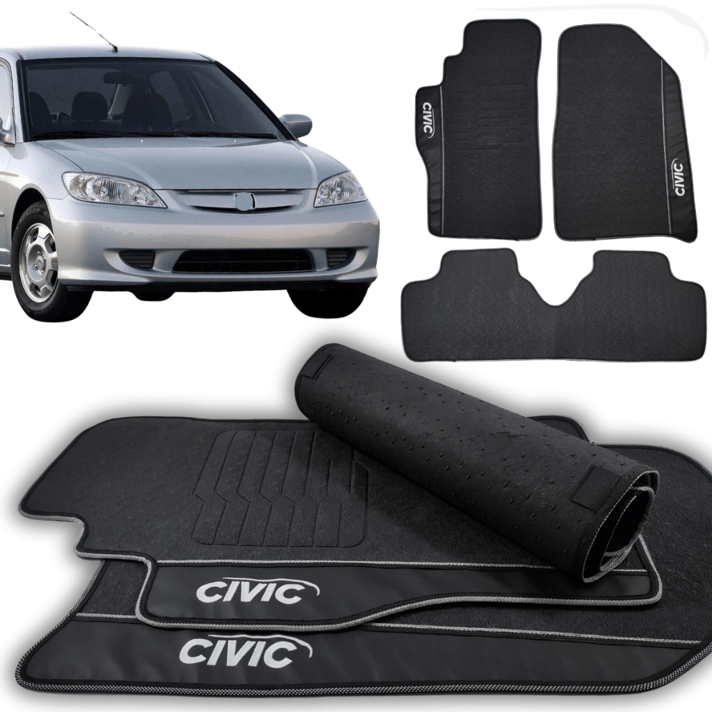 Kit Tapete Borracha Para Honda Civic 2001 2002 2003 2004 2005 2006 Personalizado 3 Peças Preto