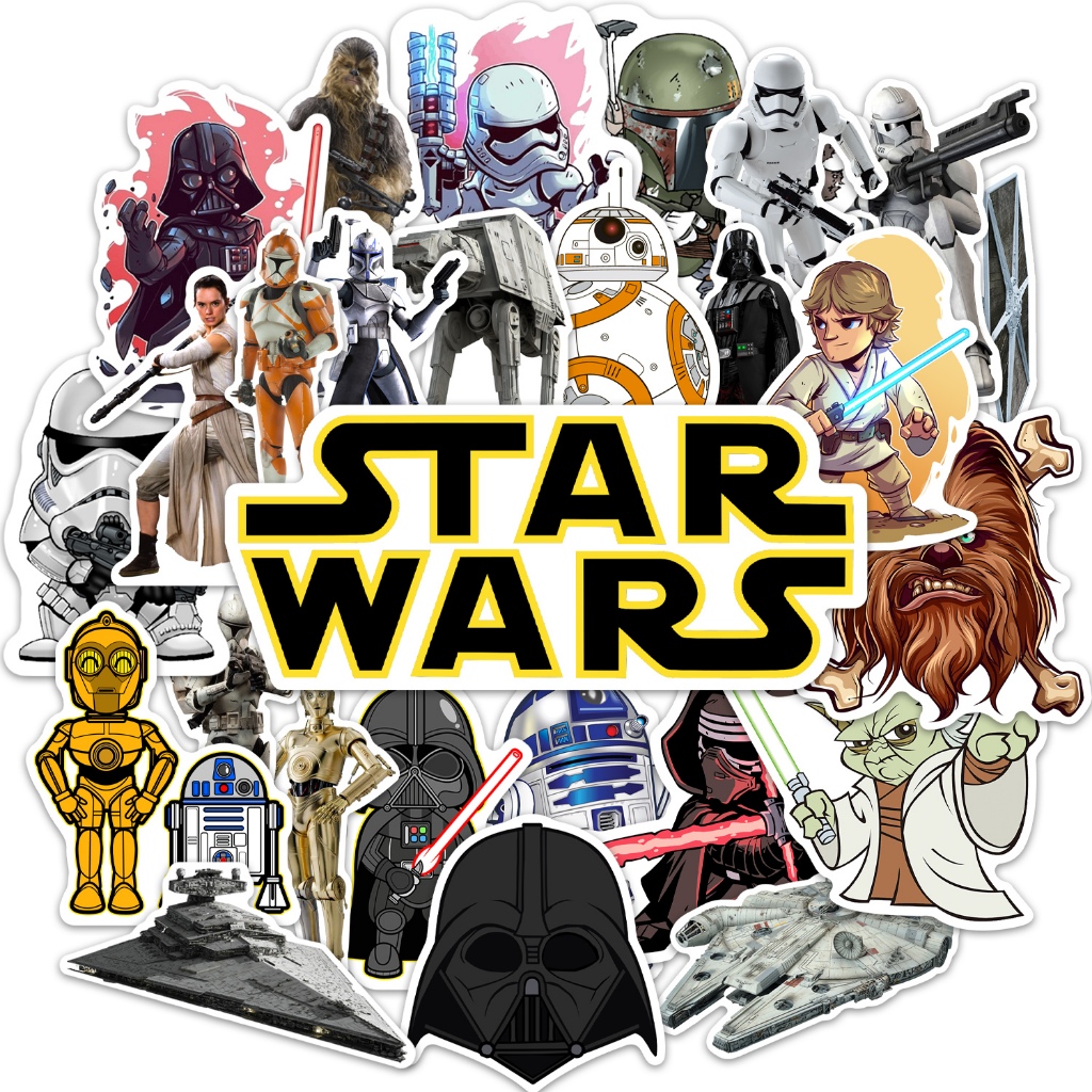 Kit 30 Adesivos Star Wars Darth Vader Yoda Stormtrooper Chewbacca Han Solo Boba Fett Cartela Stickers Caderno Notebook Skate