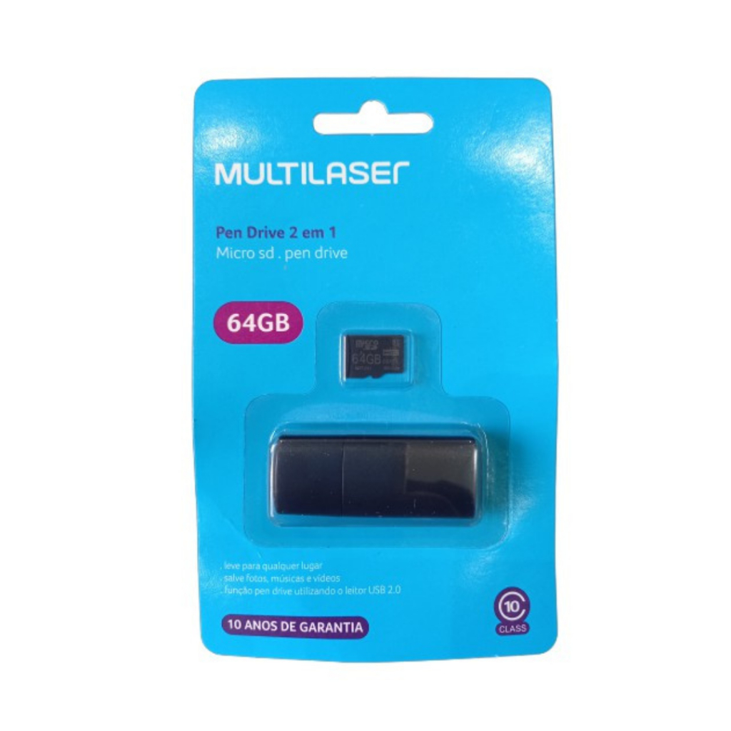 Cartão de Memória + Pendrive 64GB  - 2 em 1 Leitor USB  -   Multilaser  MC164