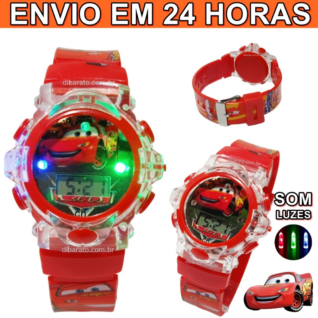 Relógio Mcqueen Carros musical Luzes Led 3d - Vermelho