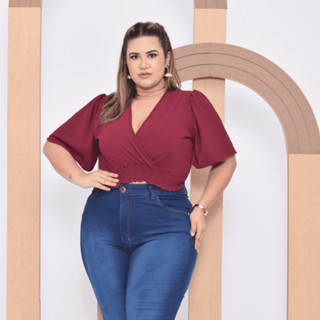 Cropped Feminino Plus Size Decote Transpassado Acinturado