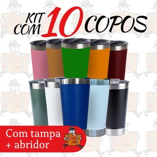 Kit com 10 copos térmico 473ml com tampa e abridor , copo de Inox , copo térmico  ,copo de cerveja, copo para chopp