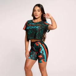 Conjunto Fitness Suplex Estampado Academia Feminino Cropped E Short Abstrato