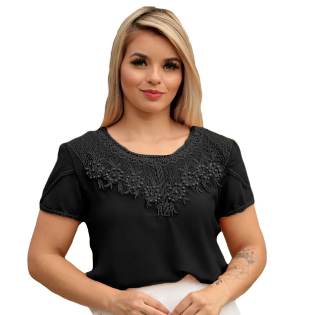 Blusa Camisa Preto Manga Curta Renda Social Pérola Bolinha Crepe Moda Evangelica Laço Lacinho Romantica Congresso