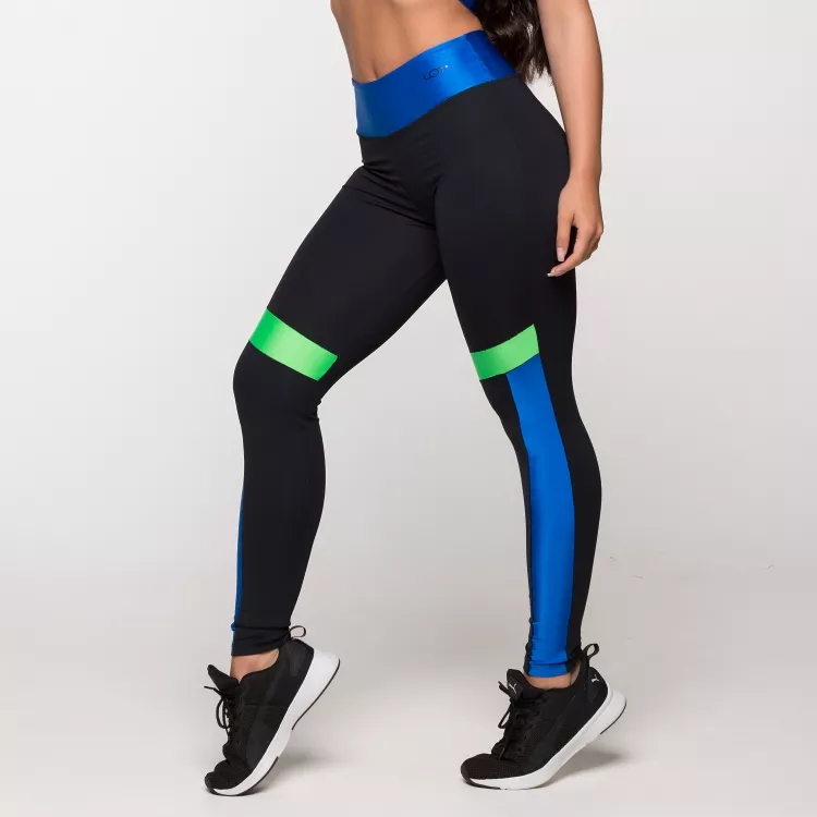 Calça Legging Fitness Feminina Academia Poliamida Preta com Detalhe Azul e Verde