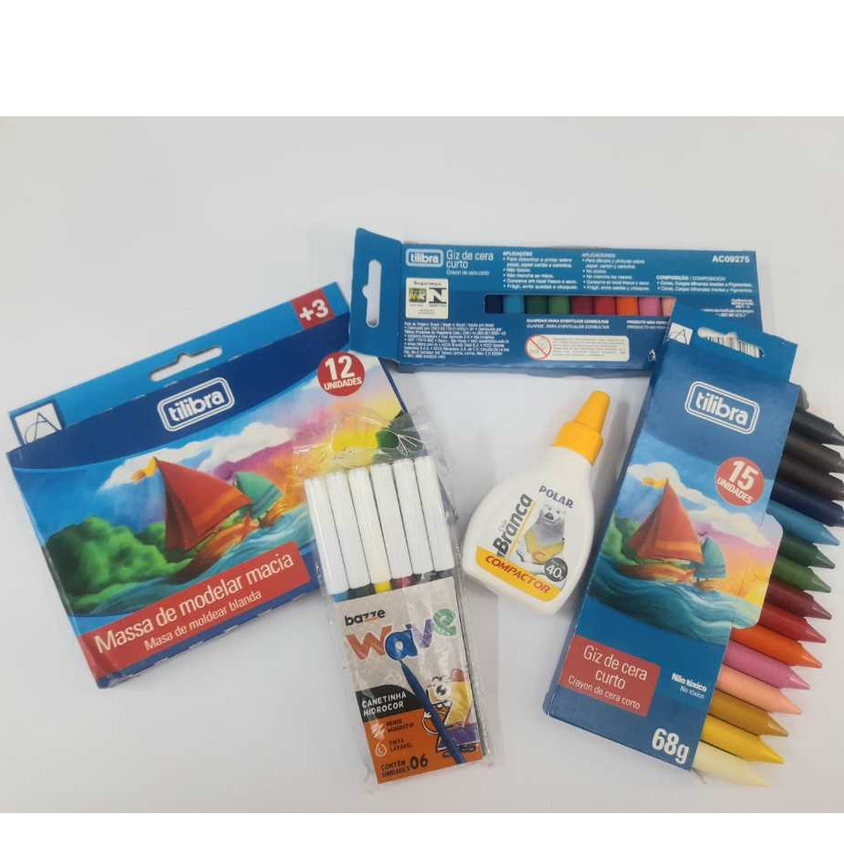 KIT Tilibra - Giz de Cera 15 Cores Curto Académie MASSA PARA MODELAR MACIA 180G 12 CORES ACADÉMIE,  Canetinha Hidrocor Wave com 6 Unid, Cola Branca Polar 40g Compactor,