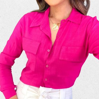 Camisa Feminina Social Blusa Casual Manga Longa Cores Lisas Trabalho Camisete Elegante Tecido Viscolinho com Elastano