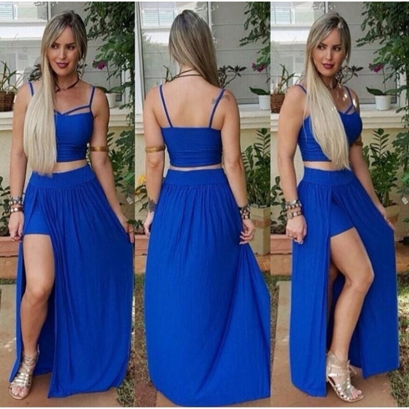 conjunto feminino saia longa com shortinho fenda lateral cropped com bojo