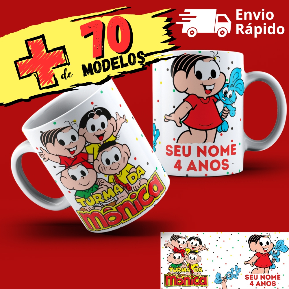 Caneca Turma da Mônica com Nome e Idade (Opcional) Cascão Cebolinha Magali Chico Bento Bidú