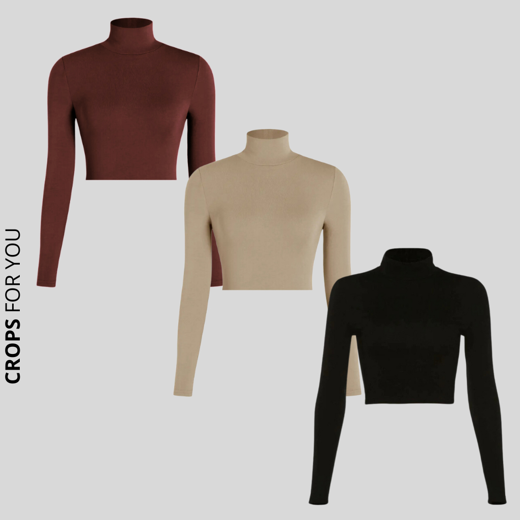 Kit 3 Croppeds Canelados Gola Alta Manga Longa Feminina Moda Gringa Elegante Mulher
