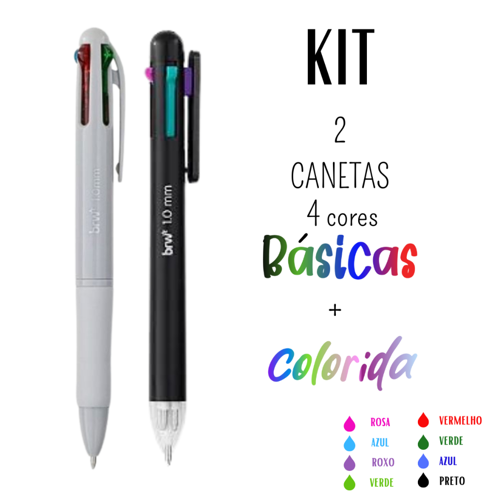 Kit 2 Canetas 4 Cores Básicas + Neon Ponta 1.00mm