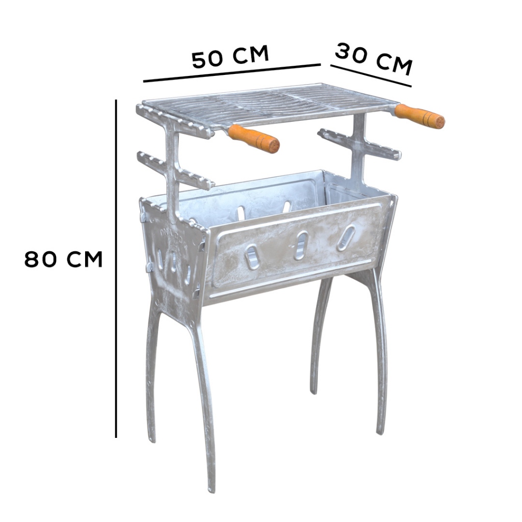 Churrasqueira Desmontável em Alumínio Batido Cabo de Madeira Resistente à Corrosão, Medidas 80cm