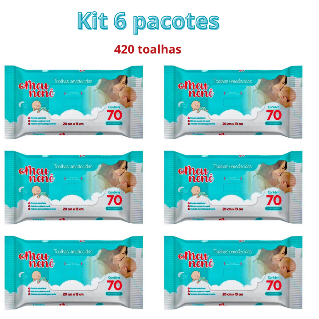 Kit 6 Pacotes de Toalhas Umedecidas 70 toalhas cada 420 unidades no total