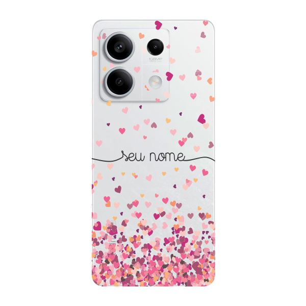 Capinha para Xiaomi RedMi Note 13 5G Anti Impacto Personalizada - Chuva de corações rosa com nome