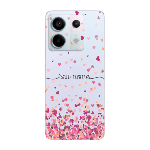 Capinha para Xiaomi RedMi Note 13 Pro 5G Anti Impacto Personalizada - Chuva de corações rosa com nome
