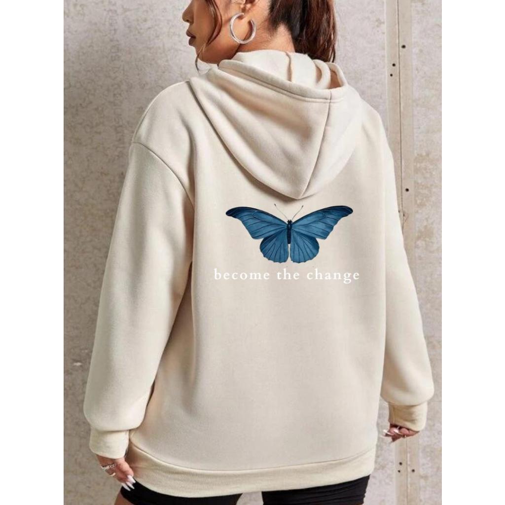 Moletom Canguru Com Capuz Unissex Masculino e Feminino Algodão Flanelado Promoção Borboleta Become the change