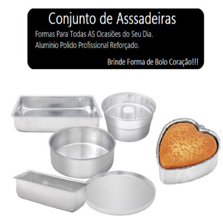 Kit Assadeiras 6 pçs Forma de Pizza Grande, Forma Coração Reta, Forma Redonda, Forma de Pão, Forma Retangular, Forma de Pudim